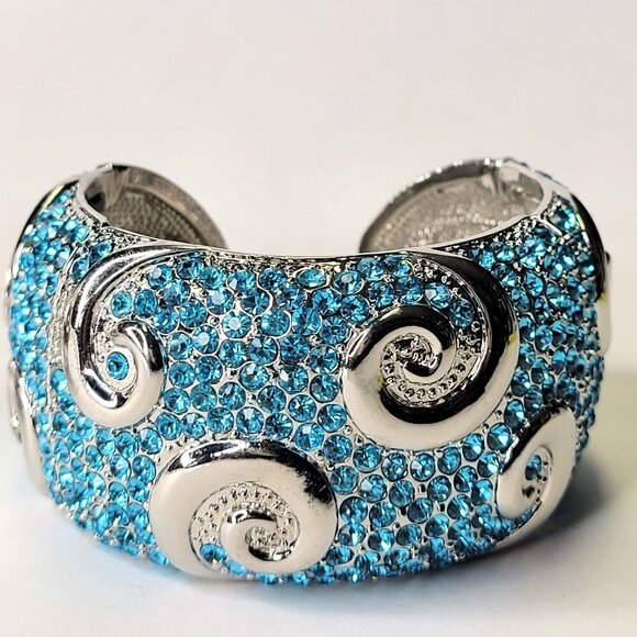 Sparkling Blue and Silver tone Cuff Bangle Bracelet - Picture 1 of 15